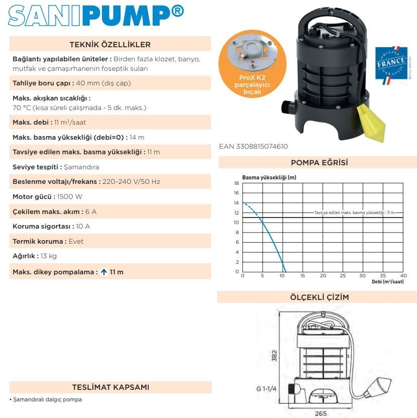 Sanipump Parçalayıcı Bıçaklı Foseptik Dalgıç Pompası 1500W - 11m³saat - 11 Metre Max. Basma Yüksekliği-4